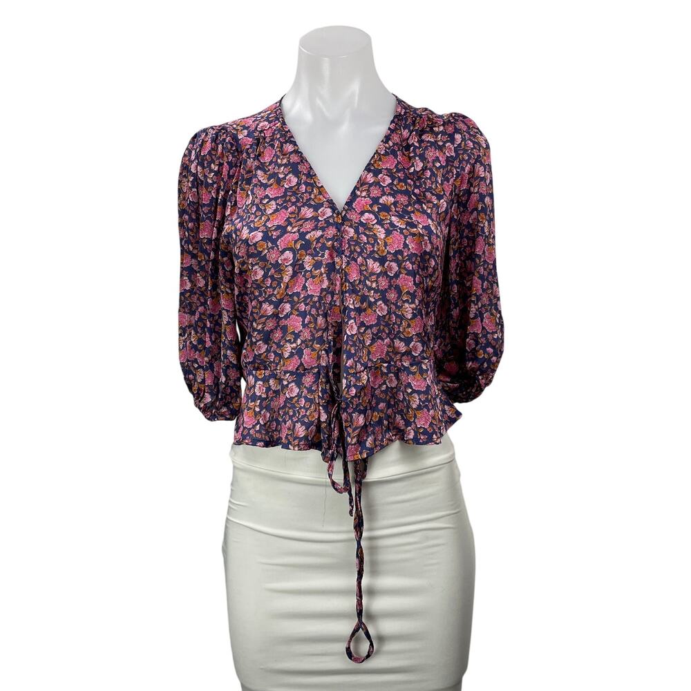 MNG Mango Pink Floral 3/4 Puff Sleeve V Neck Tie Cropped Blouse Top Size 2